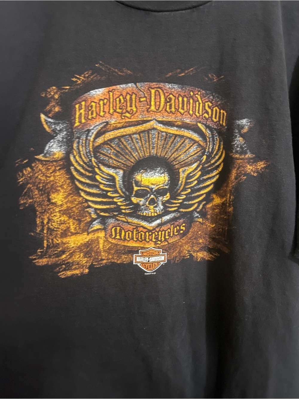 Harley-Davidson Black T-Shirt with Gold and Orange Skull Wings Graphic